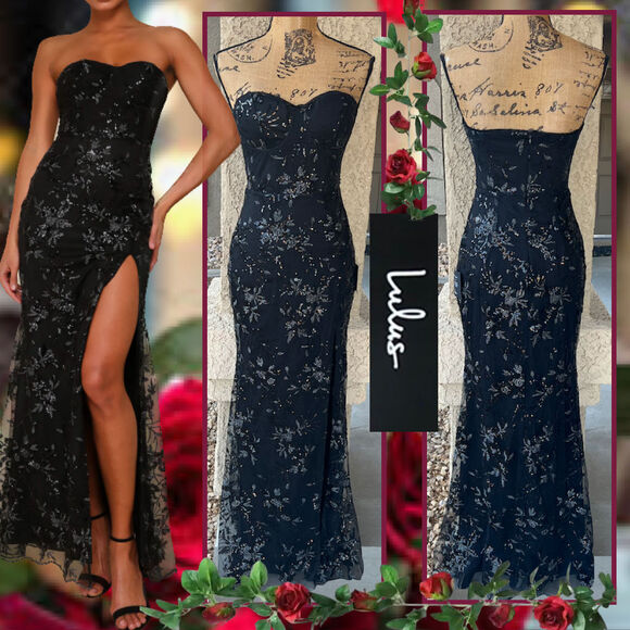 Lulus  Black Sequin Strapless Bustier Confident Sensation Maxi Dress Size S - Picture 1 of 10